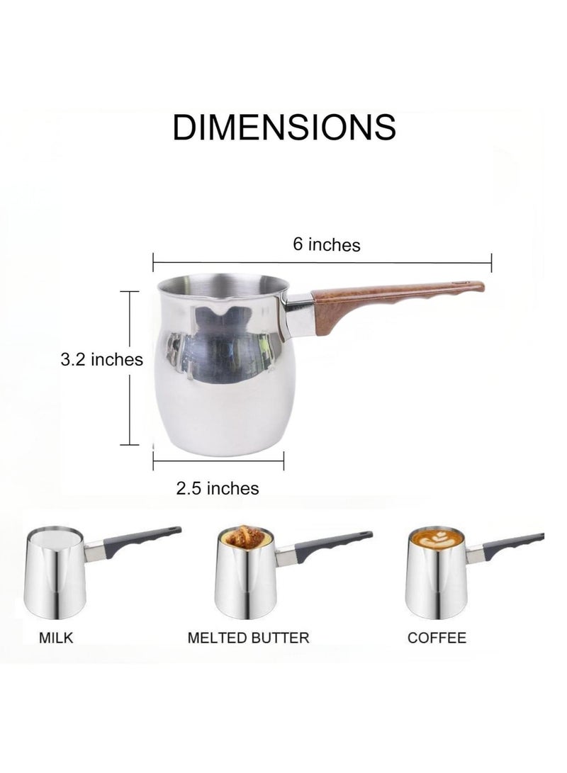 3 قطع من الفولاذ المقاوم للصدأ صانع القهوة العربية وعاء تسخين الشوكولاتة والحليب والزبدة وعاء تسخين صغير للزبدة مع فوهة موقد (200 مل، 400 مل، 600 مل، فضي) (فولاذ بمقبض بني) - Image 2